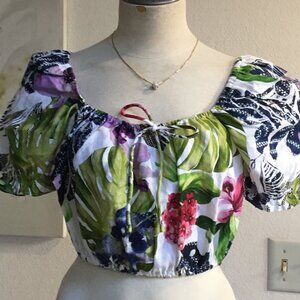GUESS White Floral Printed Cold Shoulder Crop Top Blouse Puff Short Sleeve XS